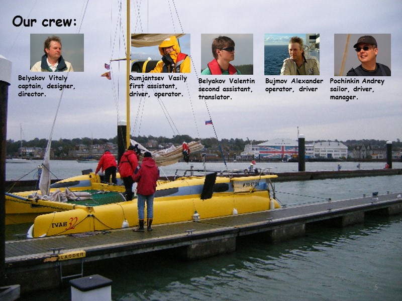 Our crew: Belyakov Vitaly captain, designer, director. Pochinkin Andrey sailor, driver, manager. Bujmov Alexander Our crew: Belyakov Vitaly captain, designer, director. Pochinkin Andrey sailor, driver, manager. Bujmov Alexander